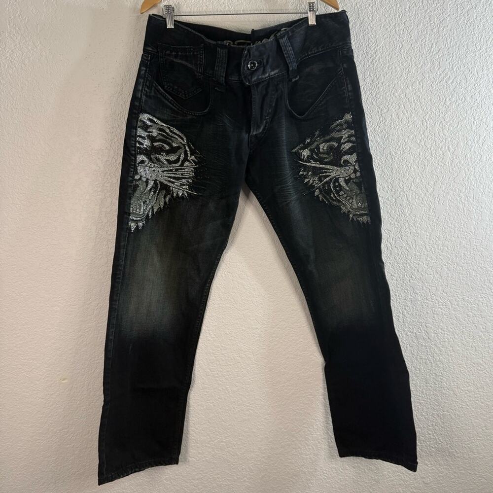 Vintage Y2K Ed Hardy C Audigier Black Jeans with Rhinestone Tiger Size 38 Men’s